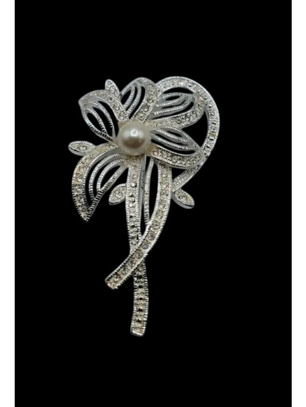 Vintage Napier Flower Brooch Pin Silver Tone Rhinestone Flower On Stem Brooch